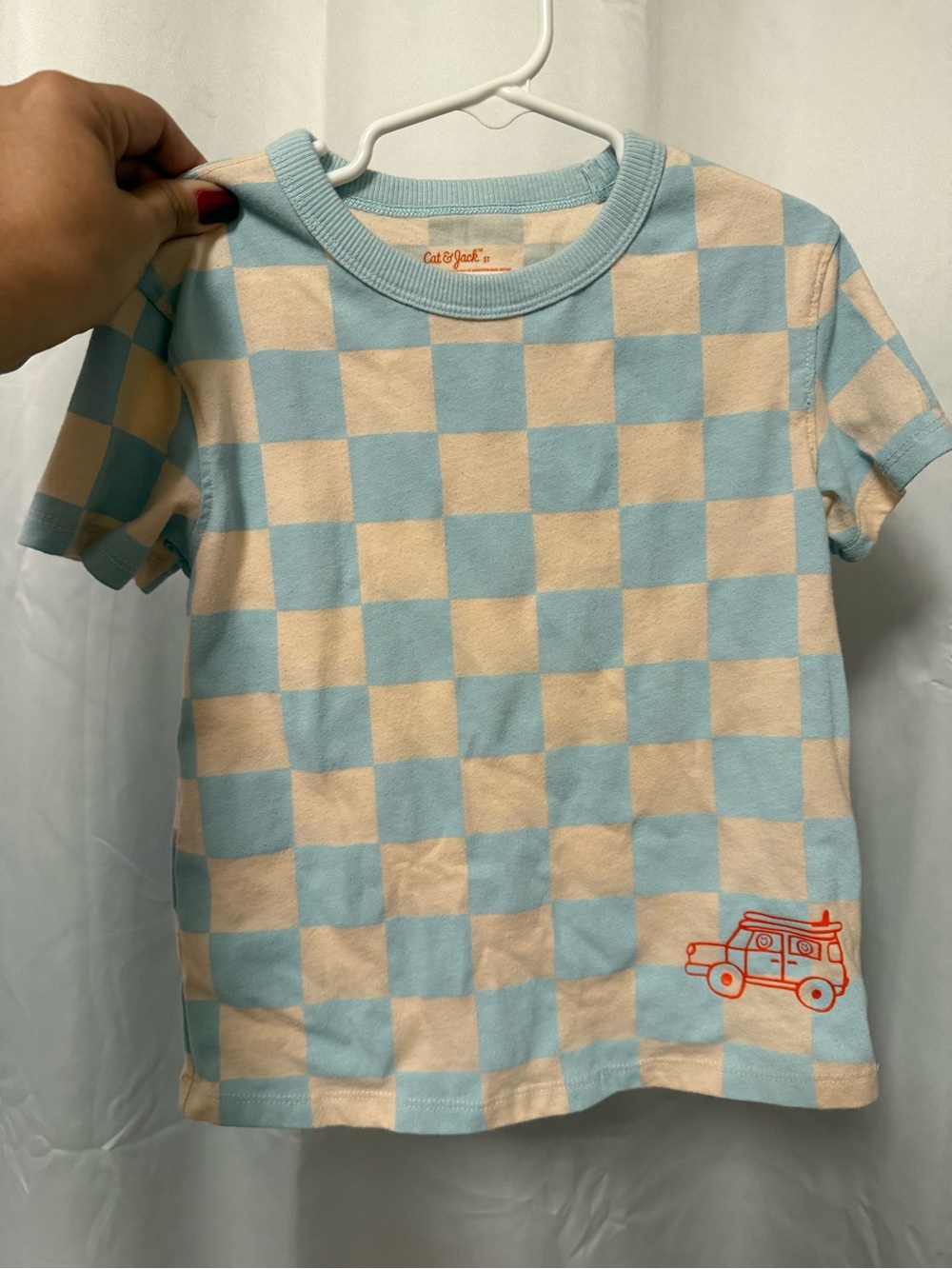 Cat & Jack Blue and Cream Checkerboard Tee with Orange Car